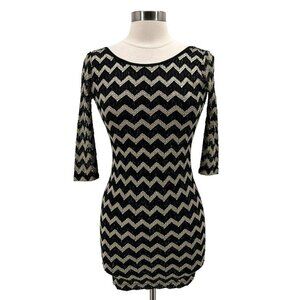 A'GACI Zig Zag Lace Gold Black Fitted Bodycon Mini Dress Womens Medium